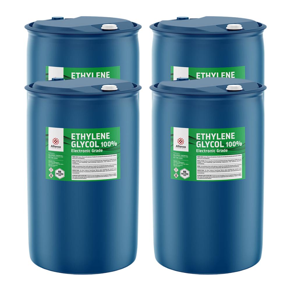 4x55 gallon blue drums of Electronic-Grade Ethylene Glycol 100%, featuring safety warning symbols and green product labels in industrial storage containers.